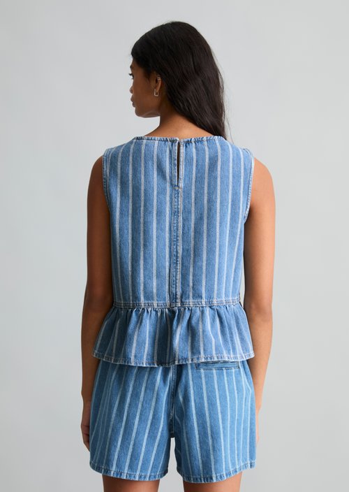 Relaxed striped denim flounce blouse — Medium Blue