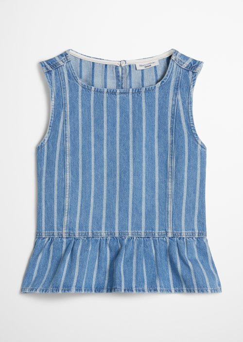 Relaxed striped denim flounce blouse — Medium Blue