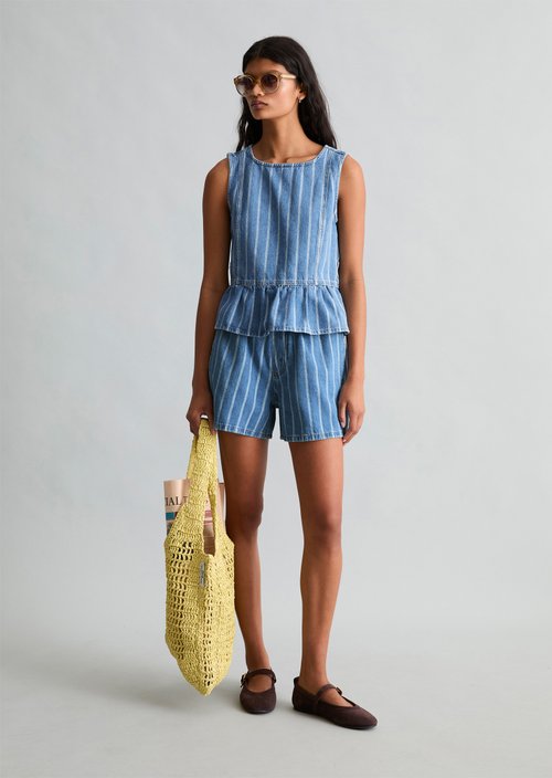 Relaxed striped denim flounce blouse — Medium Blue