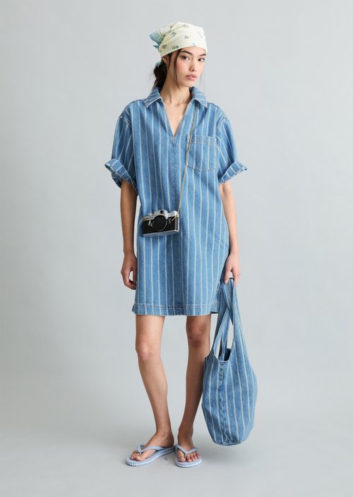 Loose-fitting striped denim dress — Medium Blue
