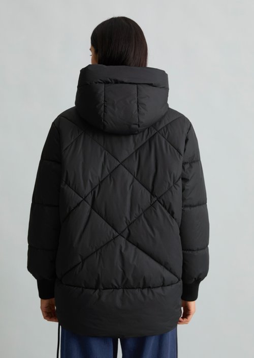 Long, Relaxed-Fit Hooded Quilted Jacket — Black