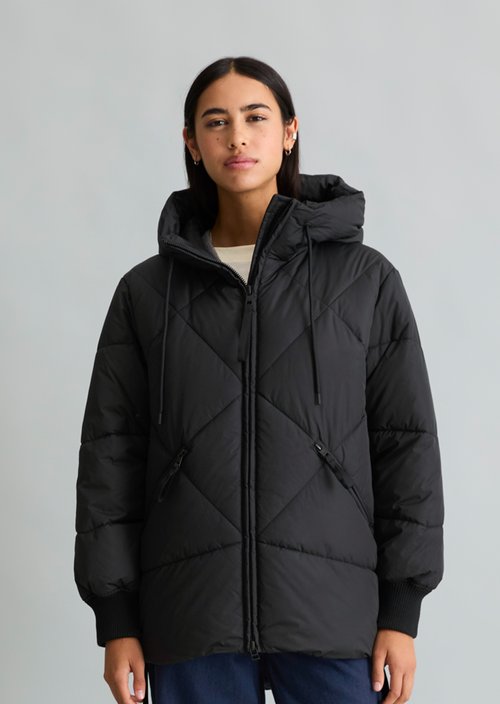 Long, Relaxed-Fit Hooded Quilted Jacket — Black