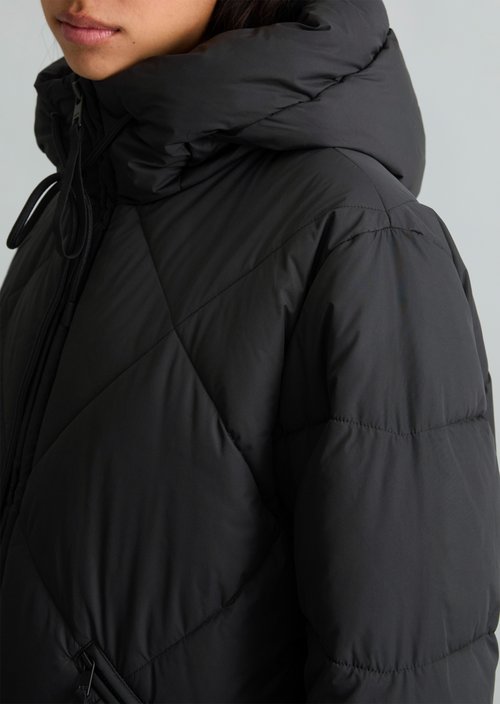 Long, Relaxed-Fit Hooded Quilted Jacket — Black