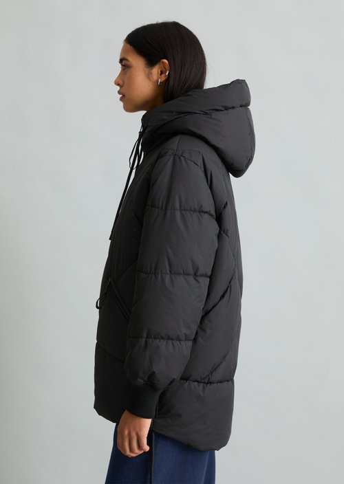 Long, Relaxed-Fit Hooded Quilted Jacket — Black