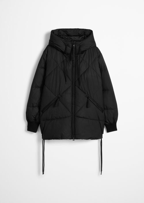 Long, Relaxed-Fit Hooded Quilted Jacket — Black