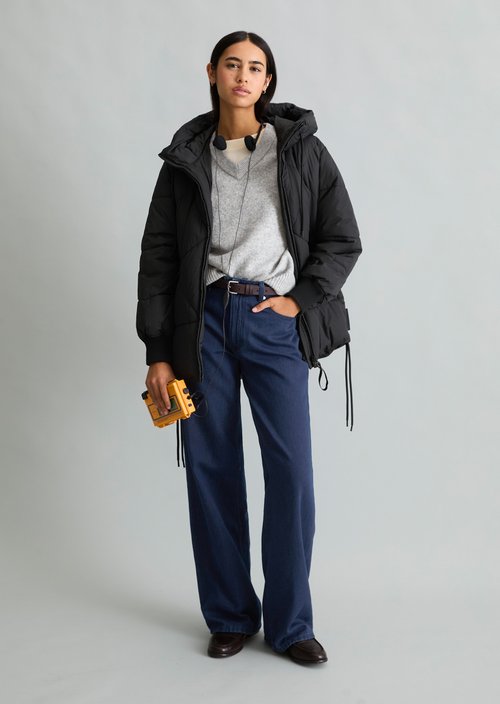 Long, Relaxed-Fit Hooded Quilted Jacket — Black