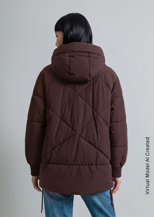 Long, Relaxed-Fit Hooded Quilted Jacket — Espresso Brown