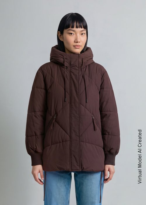 Long, Relaxed-Fit Hooded Quilted Jacket — Espresso Brown
