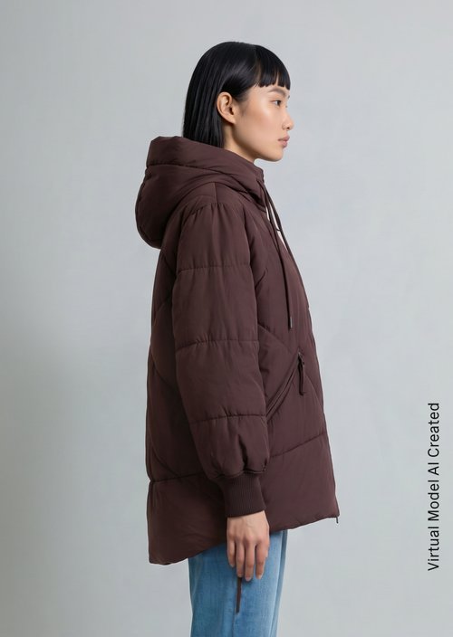 Long, Relaxed-Fit Hooded Quilted Jacket — Espresso Brown