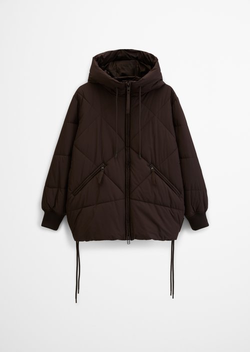 Long, Relaxed-Fit Hooded Quilted Jacket — Espresso Brown