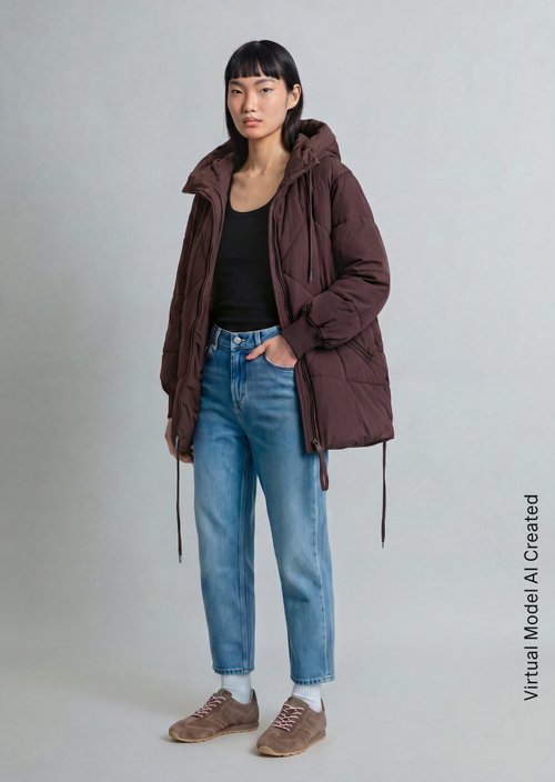 Long, Relaxed-Fit Hooded Quilted Jacket — Espresso Brown