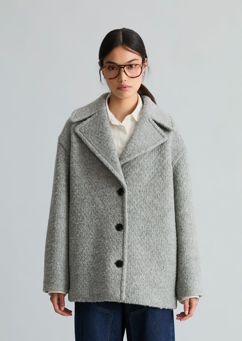 Short Bouclé Coat, Regular Fit — Stone Melange