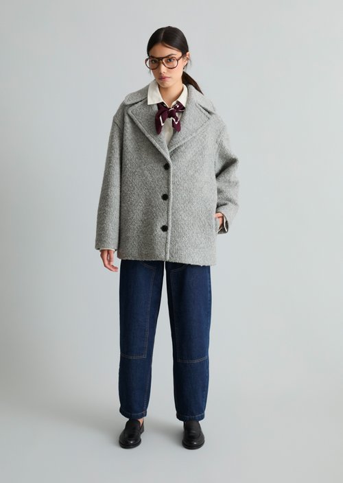 Short Bouclé Coat, Regular Fit — Stone Melange