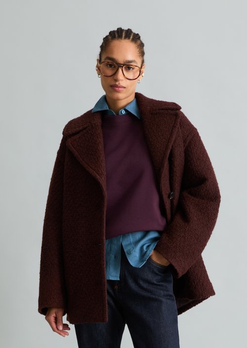 Short Bouclé Coat, Regular Fit — Espresso Brown