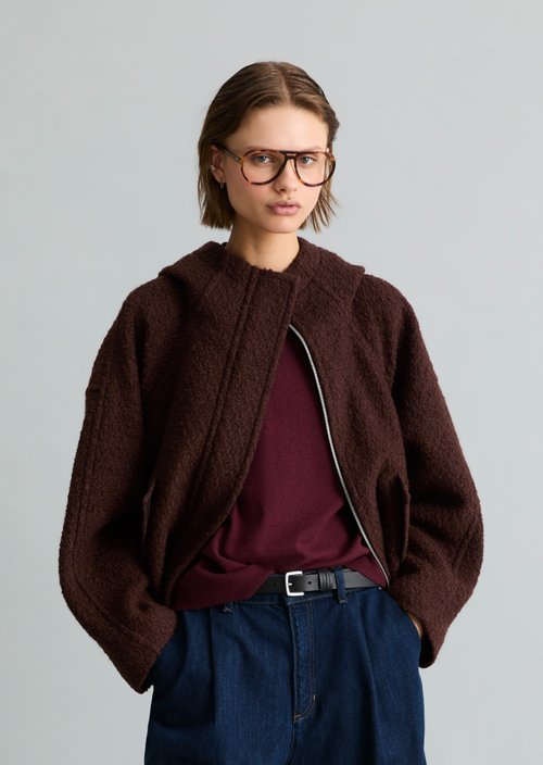 Bouclé Hooded Jacket, Regular Fit — Espresso Brown