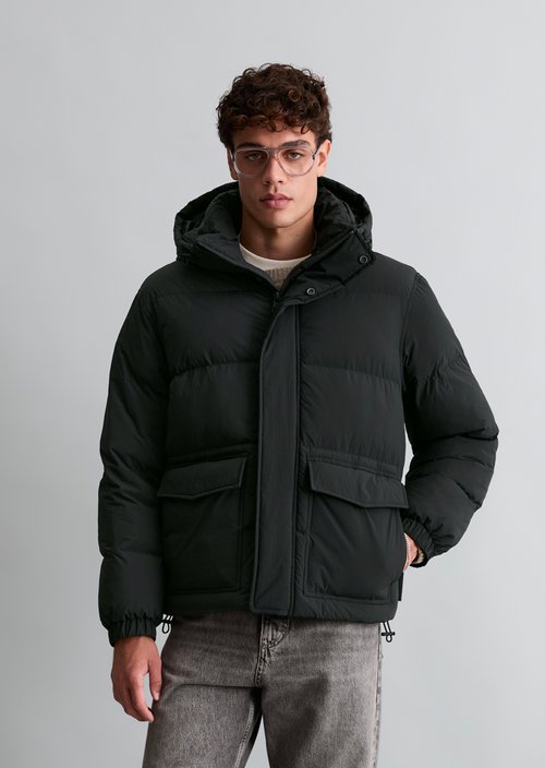 Loose-fitting hooded puffer jacket — Black