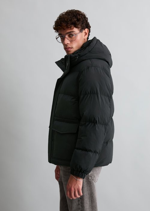 Loose-fitting hooded puffer jacket — Black