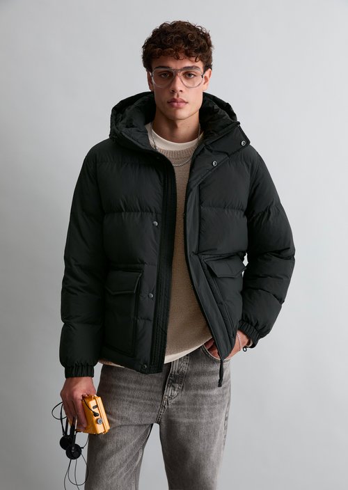 Loose-fitting hooded puffer jacket — Black