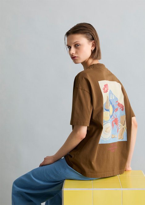 Marc O'Polo Crayfish Capsule T-Shirt, Backprint, Relaxed Fit, Damen, braun, Gr. m, 100% Baumwolle