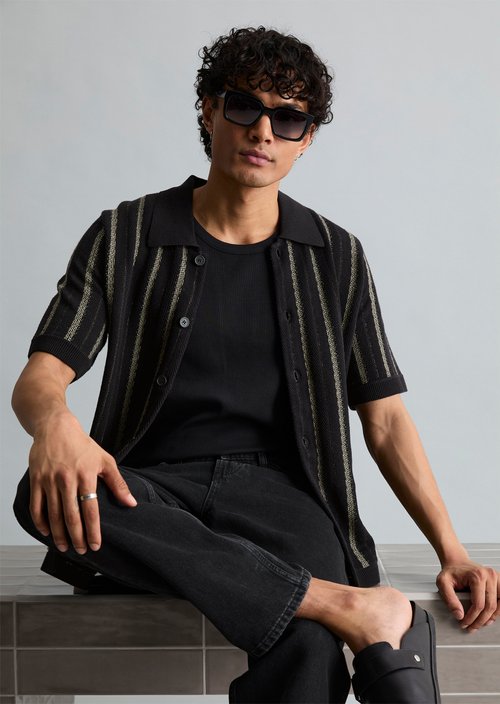 Relaxed polo-style cardigan — Black