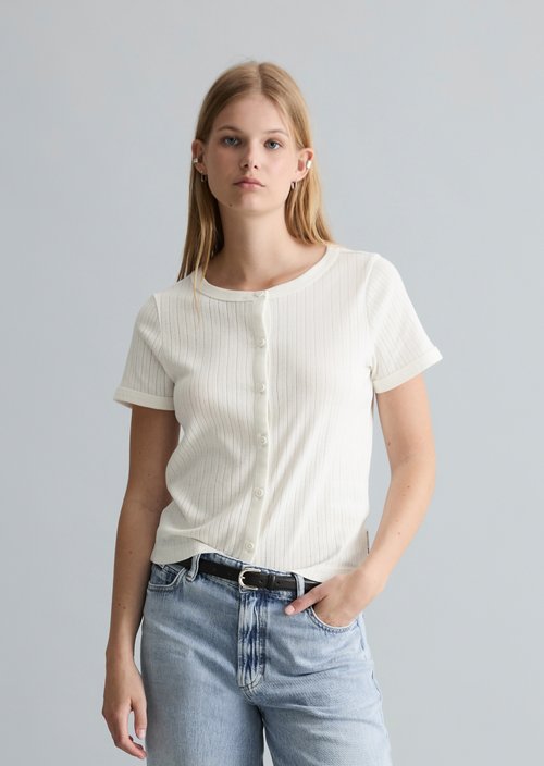 Pointelle short sleeve cardigan regular — Silky White