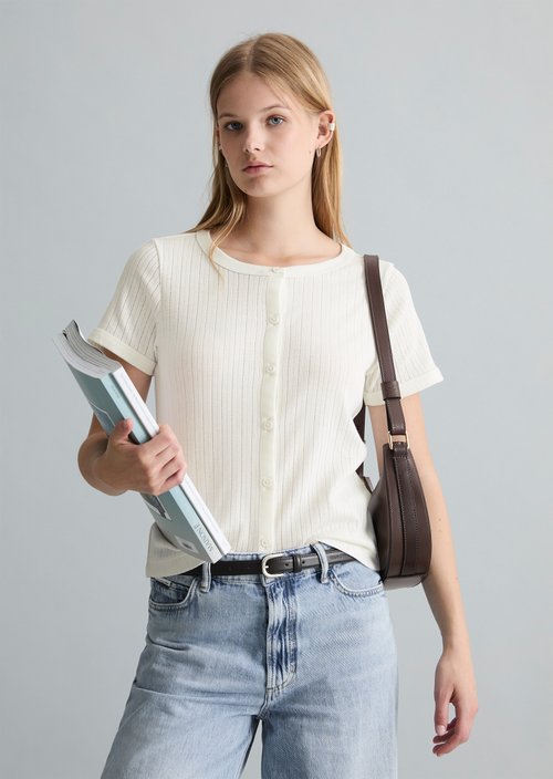 Pointelle short sleeve cardigan regular — Silky White