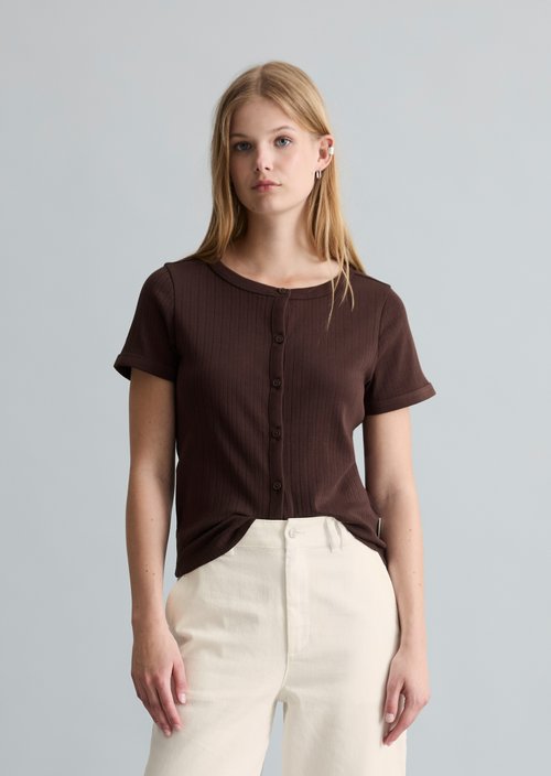 Pointelle short sleeve cardigan regular — Burnt Aubergine