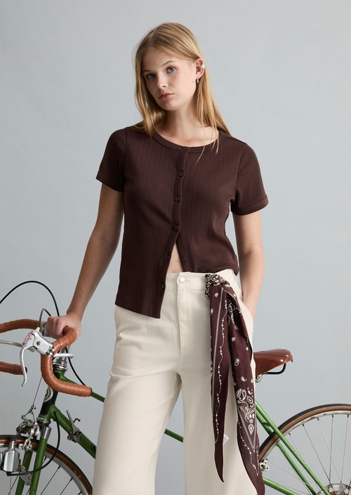 Pointelle short sleeve cardigan regular — Burnt Aubergine