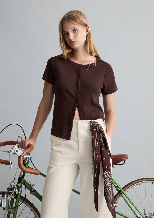 Pointelle-Cardigan à manches courtes regular Burnt Aubergine en vue de face