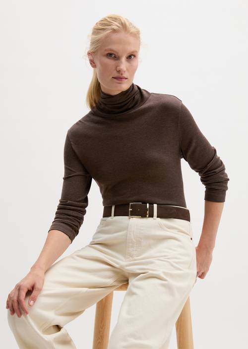 Rollkragen-Longsleeve regular Shaded Brown Melange in Frontalansicht