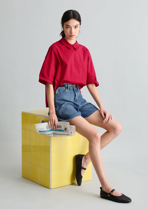 Regular short-sleeved poplin blouse — Vivid Cherry