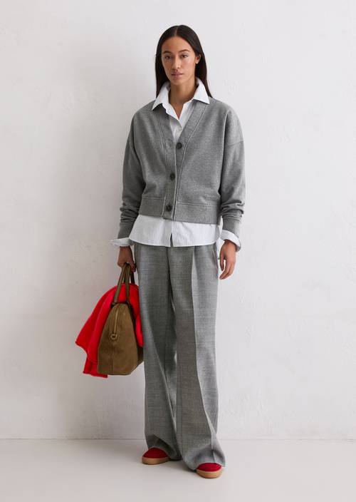 Relaxed sweat cardigan Warm Granite Melange in front view