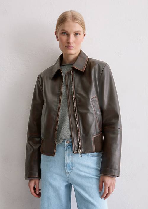 Leather blouson regular Dark Chocolate in front view
