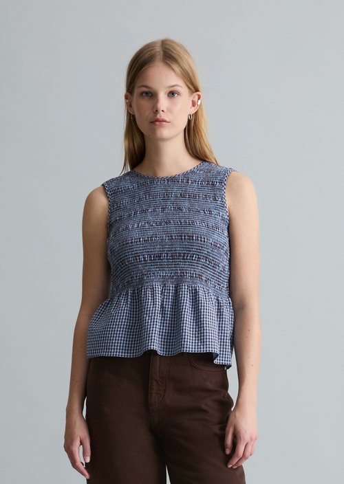 Smocked seersucker peplum top slim — Light Blue