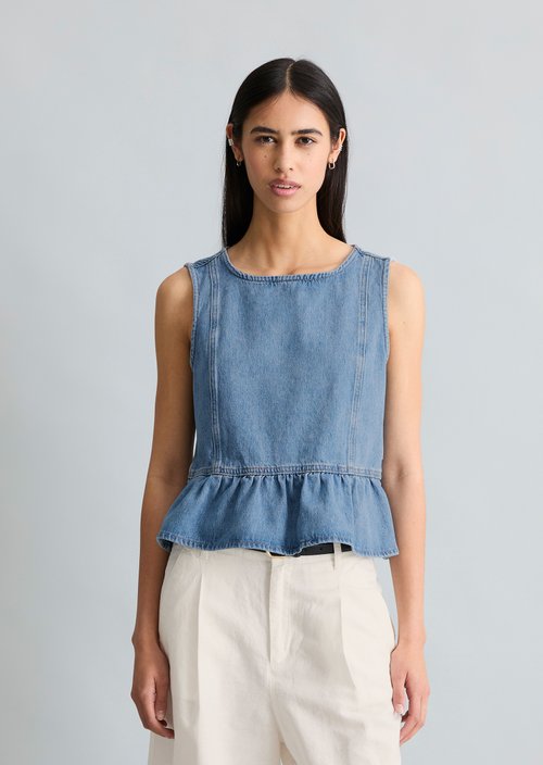 Crayfish Capsule Denim Ruffle Blouse — Medium Blue