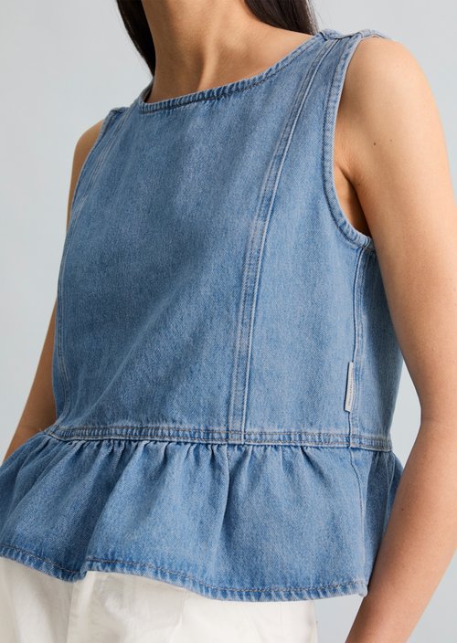 Crayfish Capsule Denim Ruffle Blouse — Medium Blue