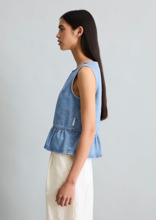 Crayfish Capsule Denim Ruffle Blouse — Medium Blue