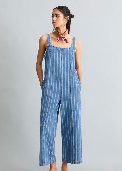 Relaxed-Fit Striped Denim Overalls — Medium Blue