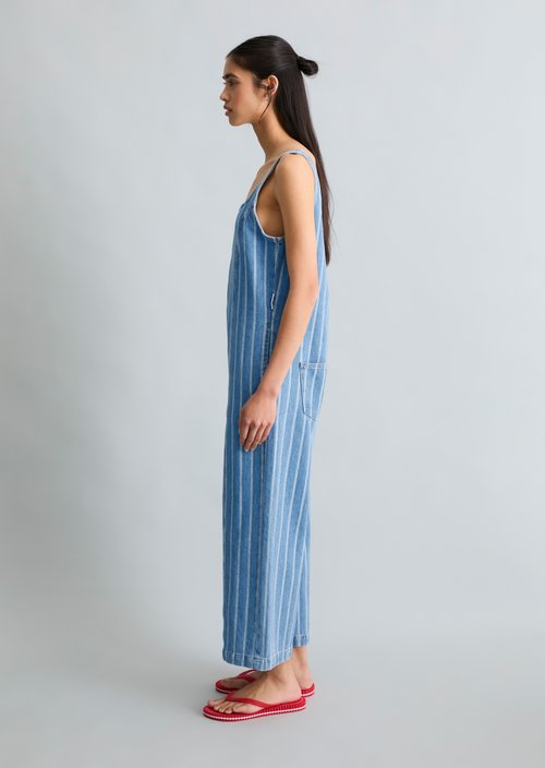 Relaxed-Fit Striped Denim Overalls — Medium Blue