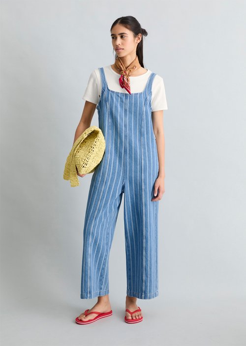 Relaxed-Fit Striped Denim Overalls — Medium Blue
