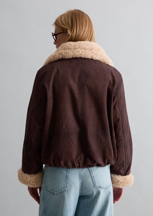 Leather Jacket with Teddy Collar, Regular Fit — Espresso Brown
