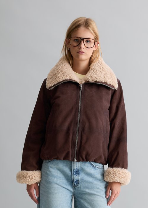 Leather Jacket with Teddy Collar, Regular Fit — Espresso Brown