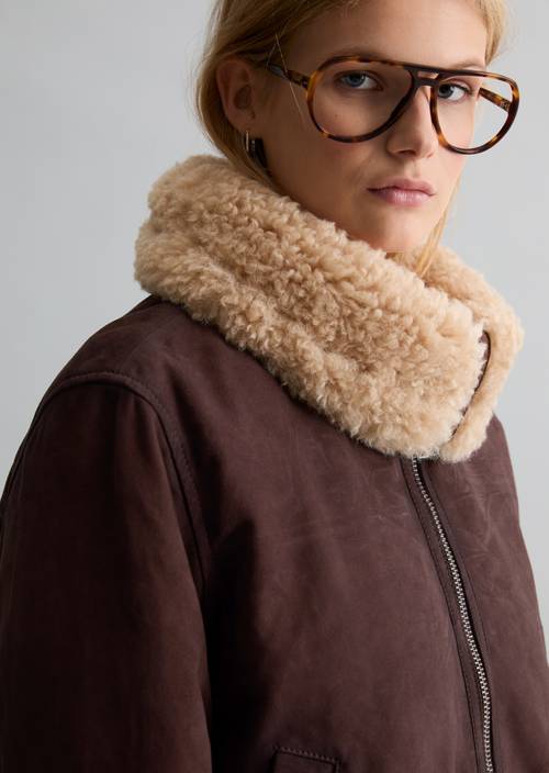 Lederjacke mit Teddykragen regular Espresso Brown in Detailansicht