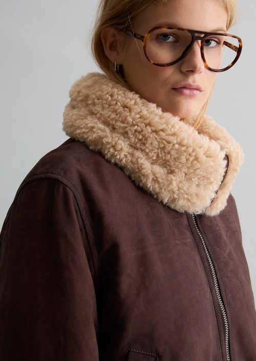 Leather Jacket with Teddy Collar, Regular Fit — Espresso Brown