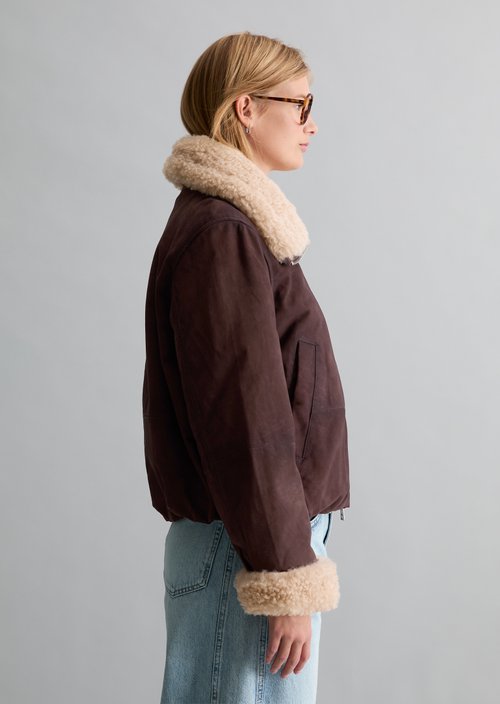 Leather Jacket with Teddy Collar, Regular Fit — Espresso Brown