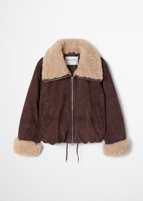 Leather Jacket with Teddy Collar, Regular Fit — Espresso Brown