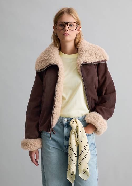 Lederjacke mit Teddykragen regular Espresso Brown in Frontalansicht