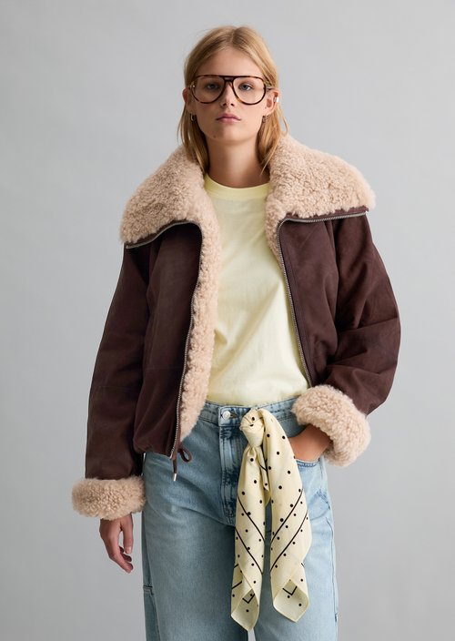 Leather Jacket with Teddy Collar, Regular Fit — Espresso Brown