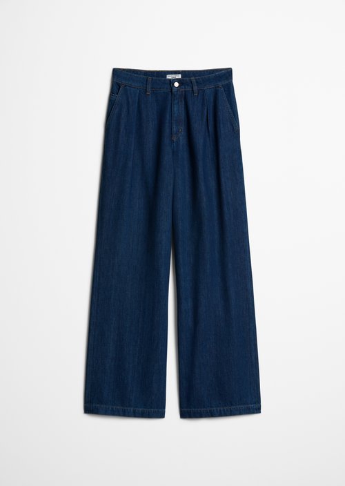 Wide-Leg Pleated Jeans — Dark Blue