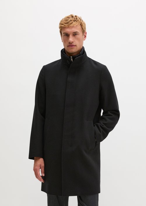 Regular-Fit Wool Coat with Stand-Up Collar — Black